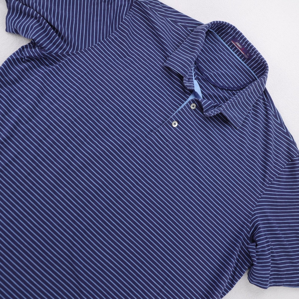johnnie-O Mens XL Navy Blue Striped Short Sleeve Polo Shirt Jersey Knit Golf‎